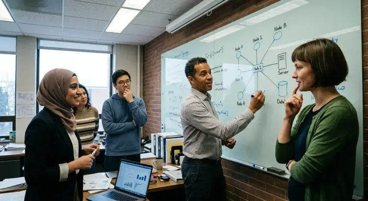 AI demands reshape network architecture: glowing neural pathways, data streams, and server racks in a futuristic data center.