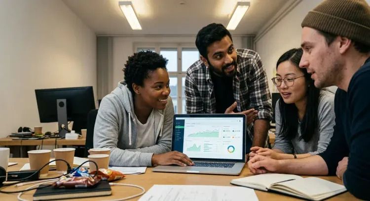 AI market model simulating commercial decisions, with data visualizations and a human interacting.