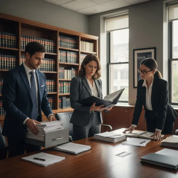 Courtroom scene featuring Midjourney Studios' AI document secrecy case, with legal documents and a judge’s bench, highlightin