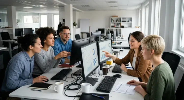 AI model cost reduction: a person at a computer, charts on screen, symbolizing 52% cost savings.